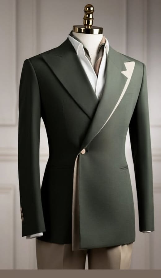 Man 3piece green and cream suit 100% cotton fabric